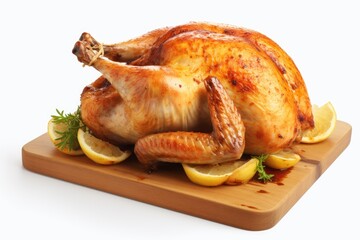 roasted chicken with lemon slices on a white background