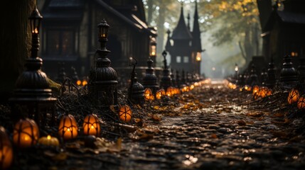 A row of pumpkins on a road in autumn night