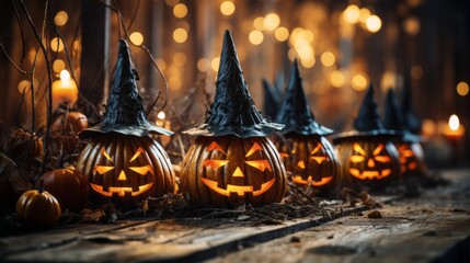 A vibrant, warm halloween scene featuring carved pumpkins adorned with hats illuminated by the soft glow of candlelight, celebrating the spooky spirit of the season