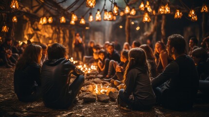 A group of people of diverse backgrounds and attire, sitting around a warm and inviting fire, exchange stories as the flickering flame brings them closer together
