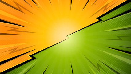 Flat versus comic style background. Green and orange comic style background with lightning and halftone effect.
