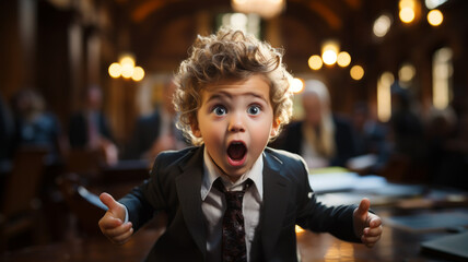 A shocked little boy. Baby lawyer. Cute kids in advertising. Suit and tie. Kids in court. Incredulous.