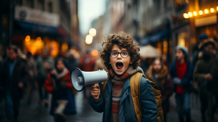 A young boy shouting into a megaphone. Protesting on the street. A protester. Activist. Social Justice, Civil Rights. Climate action, climate emergency.