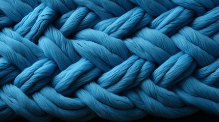A close-up of a vibrant blue knitted fabric reveals an intricate weave of fibers, knots, and threads, evoking a sense of warmth and comfort