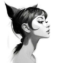 Combination of images with a beautiful woman and a fox and an image drawn with a pencil