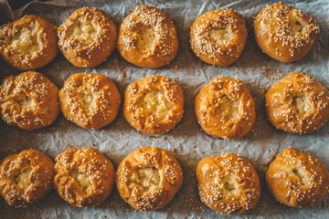 Homemade freshly baked buns background top view