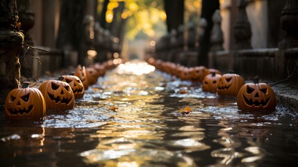 On a crisp halloween night, a row of intricately carved pumpkins line the banks of a flowing river, providing a spooky yet serene outdoor atmosphere