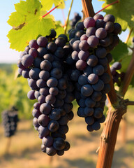 Ripe sun-soaked bunches of black grapes in the vineyard