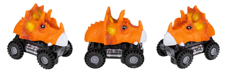 a child's toy is isolated on transparent background png. a car with a dinosaur head.