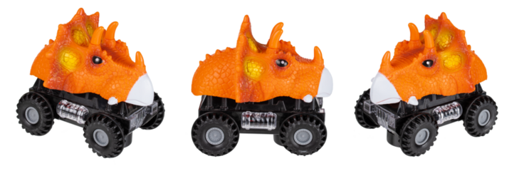 a child's toy is isolated on transparent background png. a car with a dinosaur head.