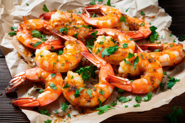 grilled shrimp with chopped parsley and lemon on wooden table