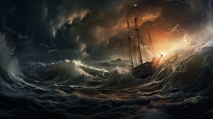 Ship in the Middle of the Storm in the Ocean. Huge Waves an Strikes & Lightnings. - Powered by Adobe