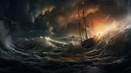 Rolgordijnen Ship in the Middle of the Storm in the Ocean. Huge Waves an Strikes & Lightnings. © Boss