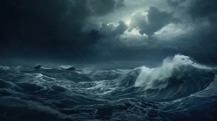 Zelfklevend Fotobehang Storm in the Ocean. Huge Waves an Strikes & Lightnings. © Boss