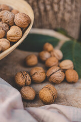 Walnuts closeup background, harvest concept
