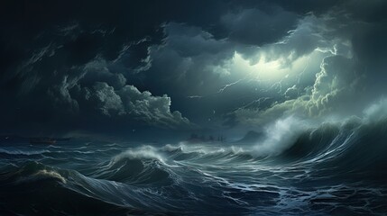 Fototapeta premium Storm in the Ocean. Huge Waves an Strikes & Lightnings.