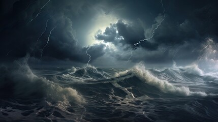 Naklejka na ściany i meble Storm in the Ocean. Huge Waves an Strikes & Lightnings.