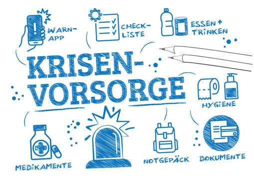 Krisenvorsorge, Krisenmanagement und Katastrophenschutz Konzept - Vektor Illustration mit deutschem Text
