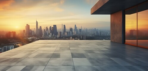 Empty cement floor with steel pavement, modern building exterior cityscape background. Sunrise scene. - obrazy, fototapety, plakaty