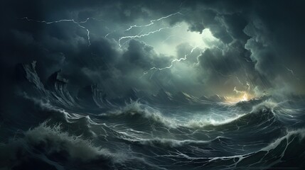 Storm in the Ocean. Huge Waves an Strikes & Lightnings.