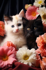 White and black kittens among flowers