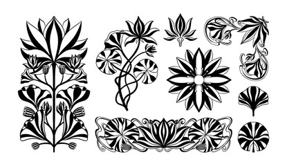 Floral lotus plant in art nouveau 1920-1930. Hand drawn in a linear style with weaves of lines, leaves and flowers.