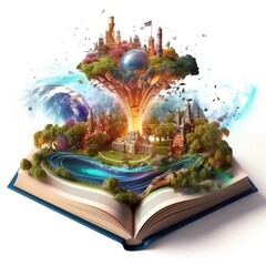 Magic opened the book, covered with grass, trees and a waterfall, surrounded by the ocean. Fantastic world, imaginary view. Book, tree of life concept - 652814397