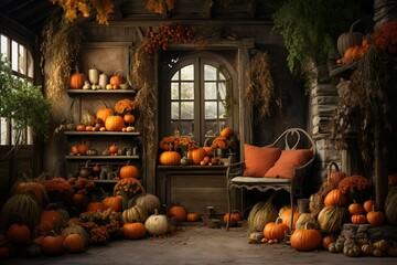 Pumpkin and wooden creepy set - obrazy, fototapety, plakaty