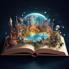 Open magic book concept open pages with water and earth. Fantasy, nature or learning concept - 652814798