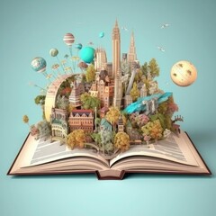 Magical story book with fairy tale. Fantastic world, imaginary view.