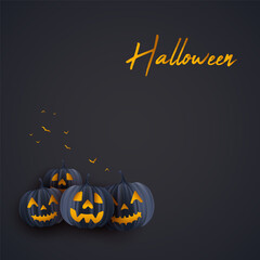 Happy halloween dark card background illustration with realistic pumpkin face and flying bats