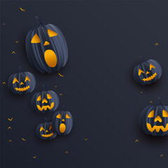 Happy halloween dark card background illustration with realistic pumpkin face and flying bats

