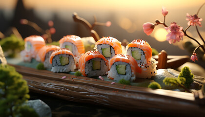 Freshness and cultures on a plate, healthy eating with sushi generated by AI