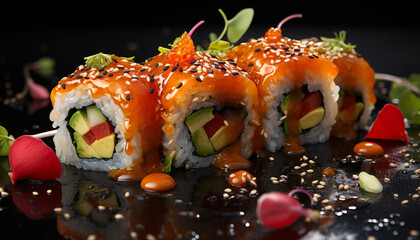 Freshness on a plate gourmet seafood, maki sushi, avocado, sashimi generated by AI