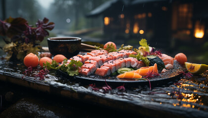 Fresh seafood meal on wooden table, healthy eating with selective focus generated by AI