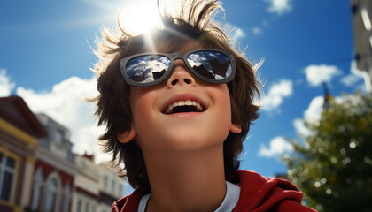 Smiling child in sunglasses, boys cheerful, happiness, summer fun generated by AI