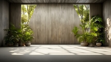 Empty old wood plank wall,There are concrete floor, Behide the backdrop is a tropical garden,sunlight shine into the room.
