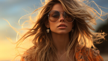 A beautiful woman in sunglasses enjoys the summer sunset generated by AI