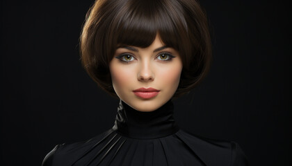 Beautiful woman with brown hair and bangs exudes elegance and sensuality generated by AI