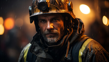 A brave firefighter in protective workwear standing in front of flames generated by AI