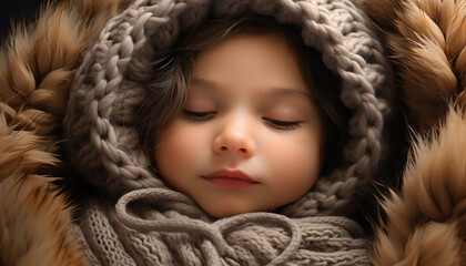 Cute Caucasian child in winter portrait, wearing warm fur clothing generated by AI