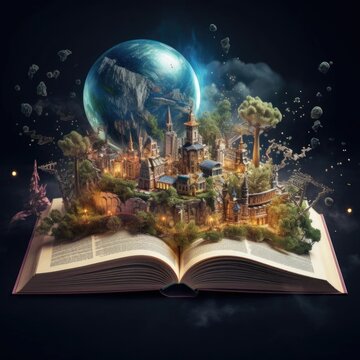 Magic opened the book, covered with grass, trees and a waterfall, surrounded by the ocean. Fantastic world, imaginary view. Book, tree of life concept