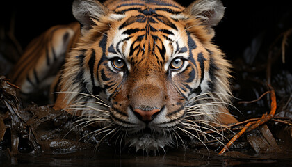 Majestic Bengal tiger, fierce gaze, wild beauty in nature portrait generated by AI