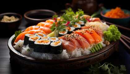 Freshness on a plate seafood, sashimi, rice, avocado, rolled up generated by AI