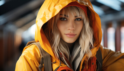Smiling young woman in raincoat, looking at camera, autumn beauty generated by AI