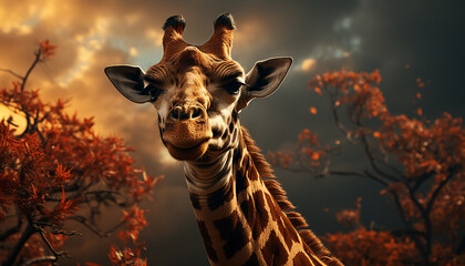 Giraffe standing in the sunset, looking at camera, beautiful landscape generated by AI