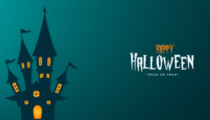 Happy halloween banner illustration with halloween haunted house and halloween text