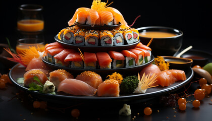 Freshness on a plate seafood, sashimi, nigiri, maki sushi, seaweed generated by AI