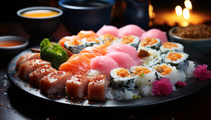 Freshness and cultures on a plate, sashimi and nigiri delight generated by AI