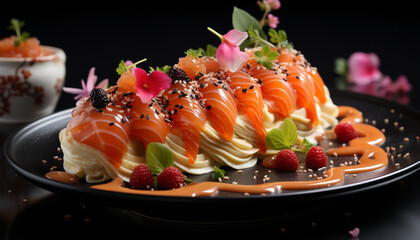 Freshness and indulgence on a plate, gourmet dessert with berries generated by AI